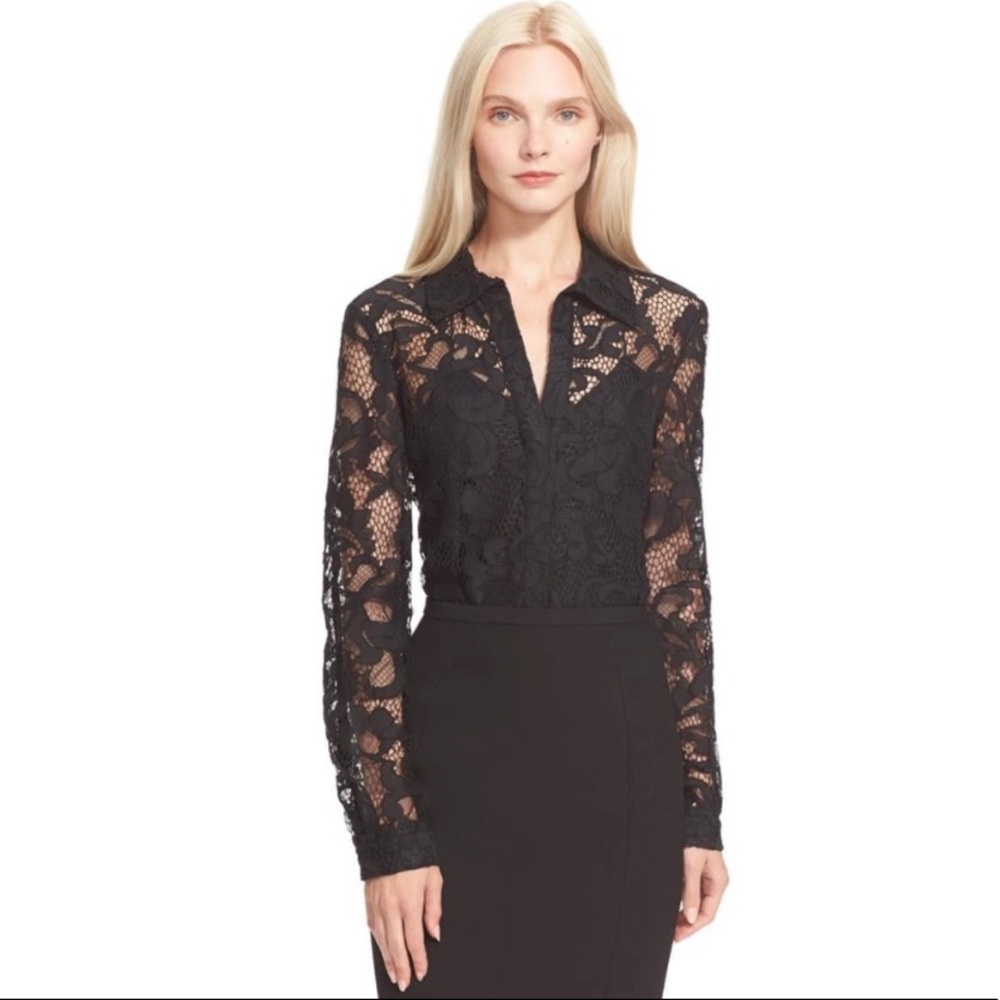 DVF Lorelei Two Sheer Lace Blouse Black size 4